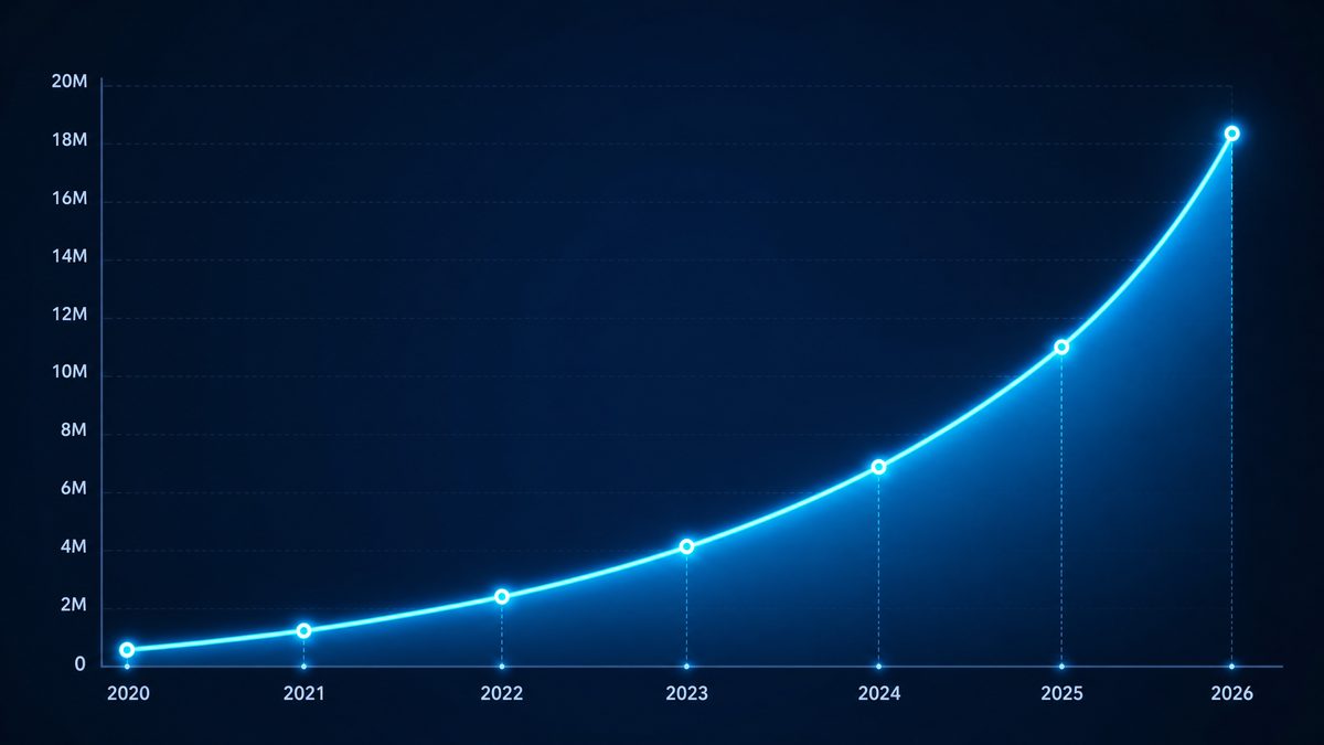 毒蛇电影用户增长数据图表,展示2020-2026年注册用户从50万增长至1800万的趋势